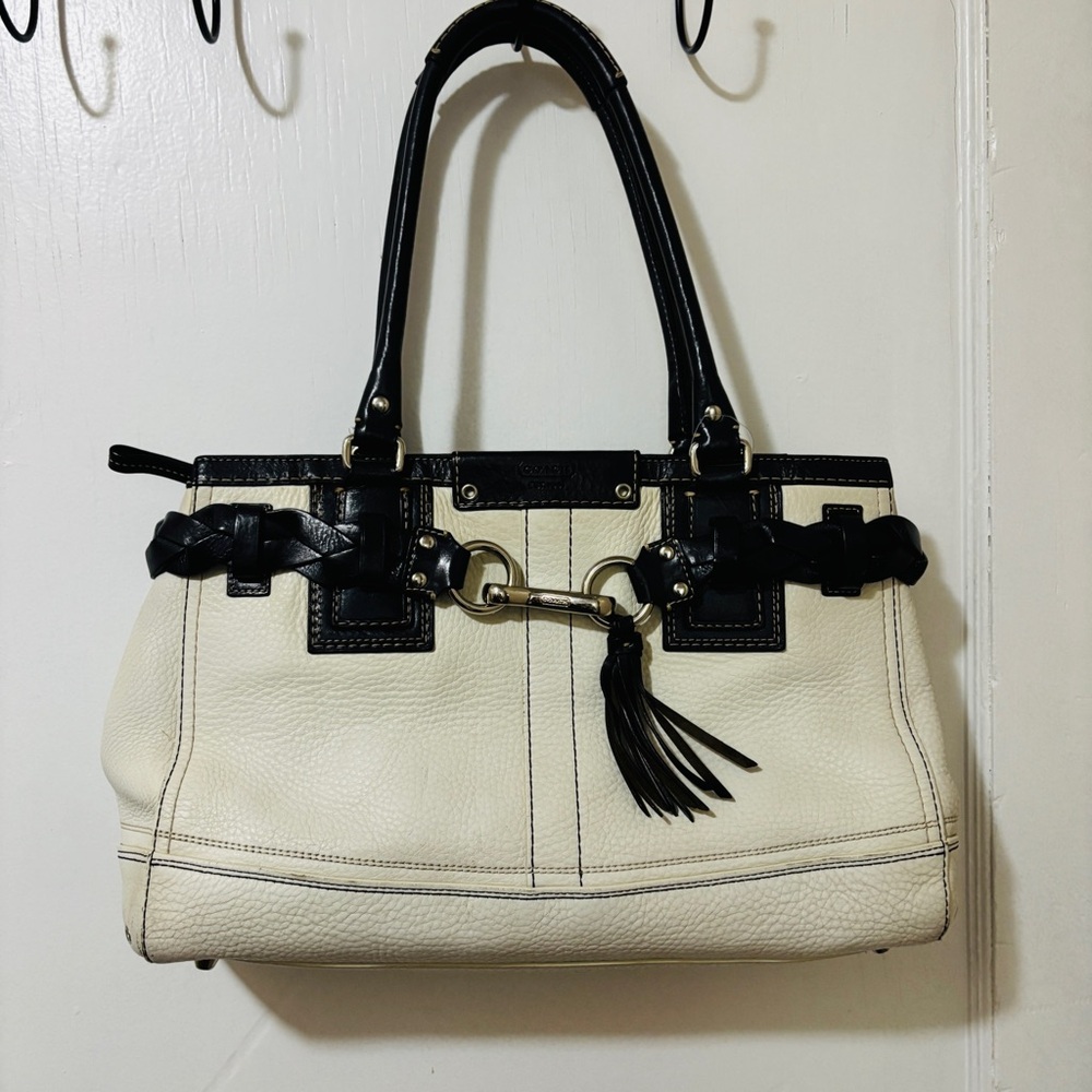 Coach Hampton Belted Satchel Two Tone Leather Double Handle Bag Style